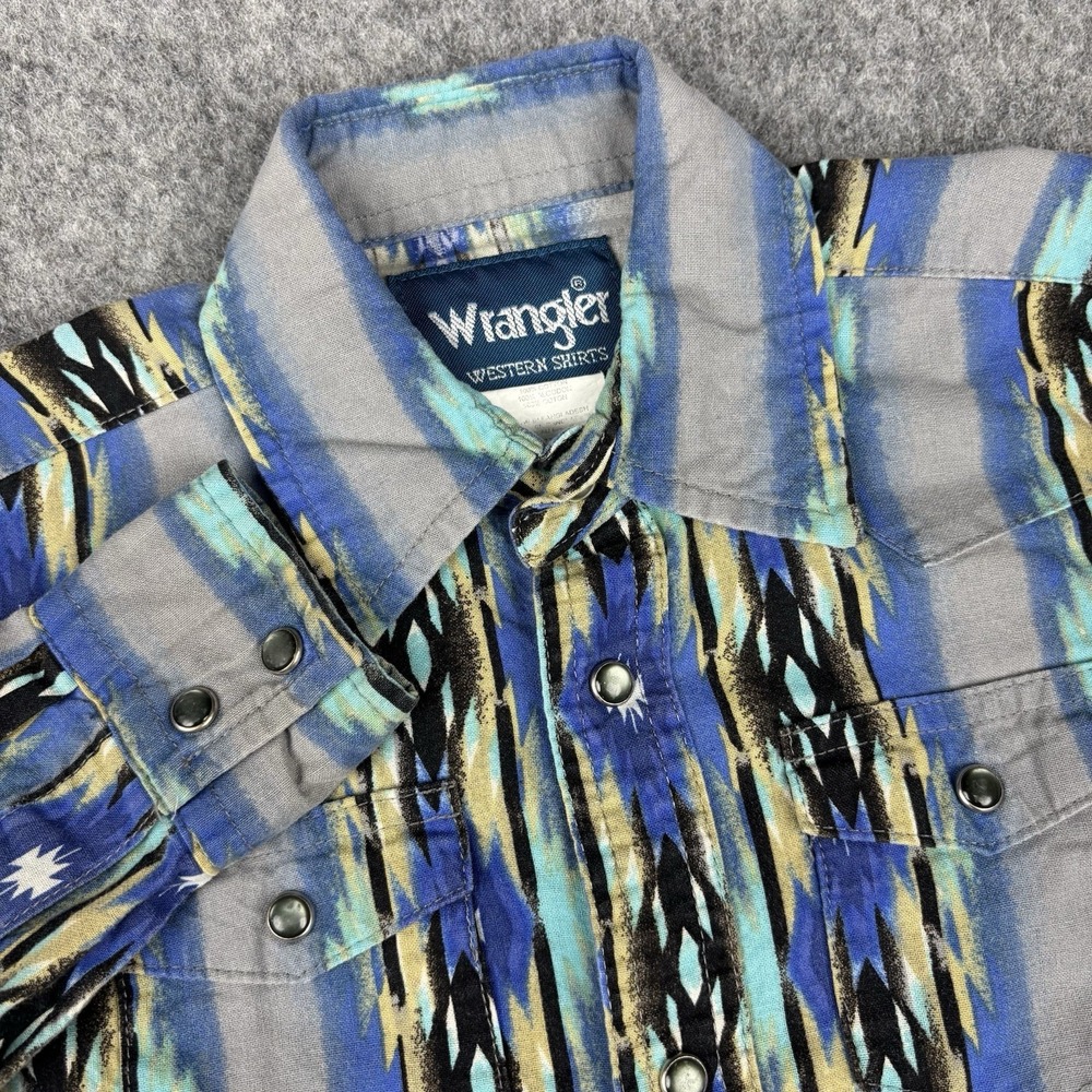 Wrangler Western Shirt Boys Small 5-6 Aztec Pearl Snap Cowboy Rodeo Y2K EUC Blue